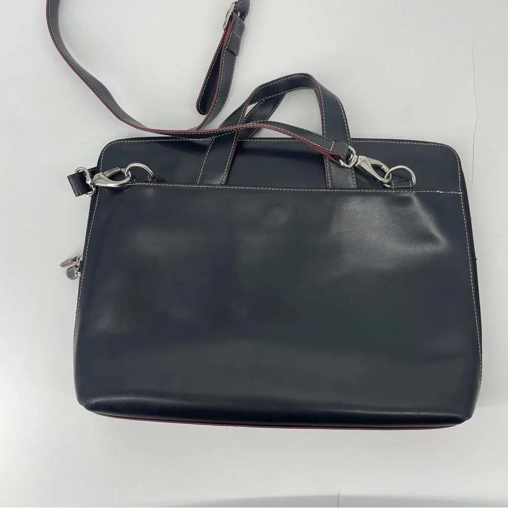 Lodis Laptop Bag Black Leather Red Trim Shoulder Strap Briefcase Career Pockets